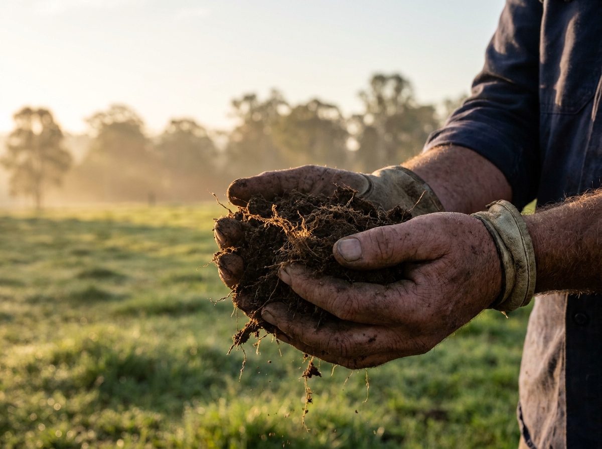 An agronomist’s cupped hands holding crumbly dark soil full of fine roots, over a paddock.