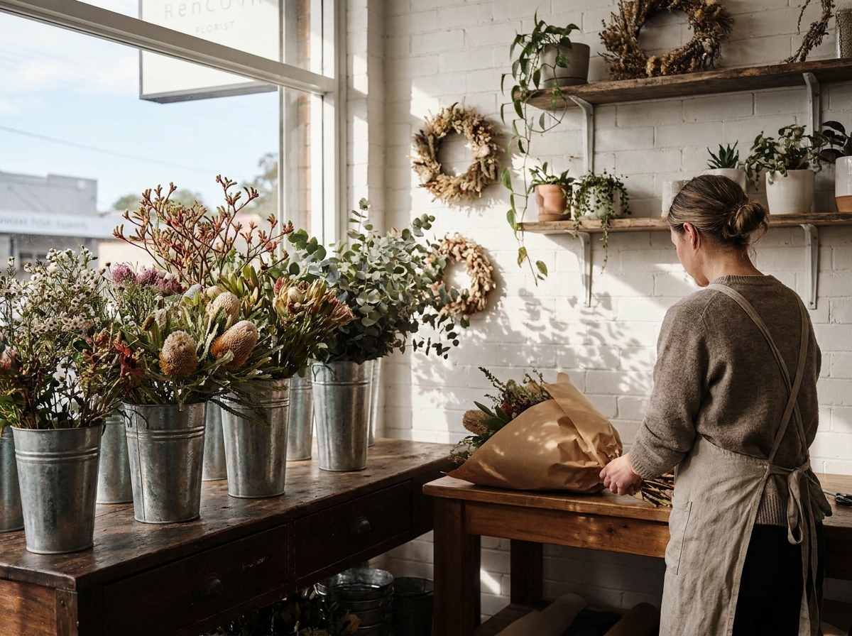 A florist’s counter with buckets of seasonal native flowers, the owner seen from behind wrapping a bunch in brown paper.
