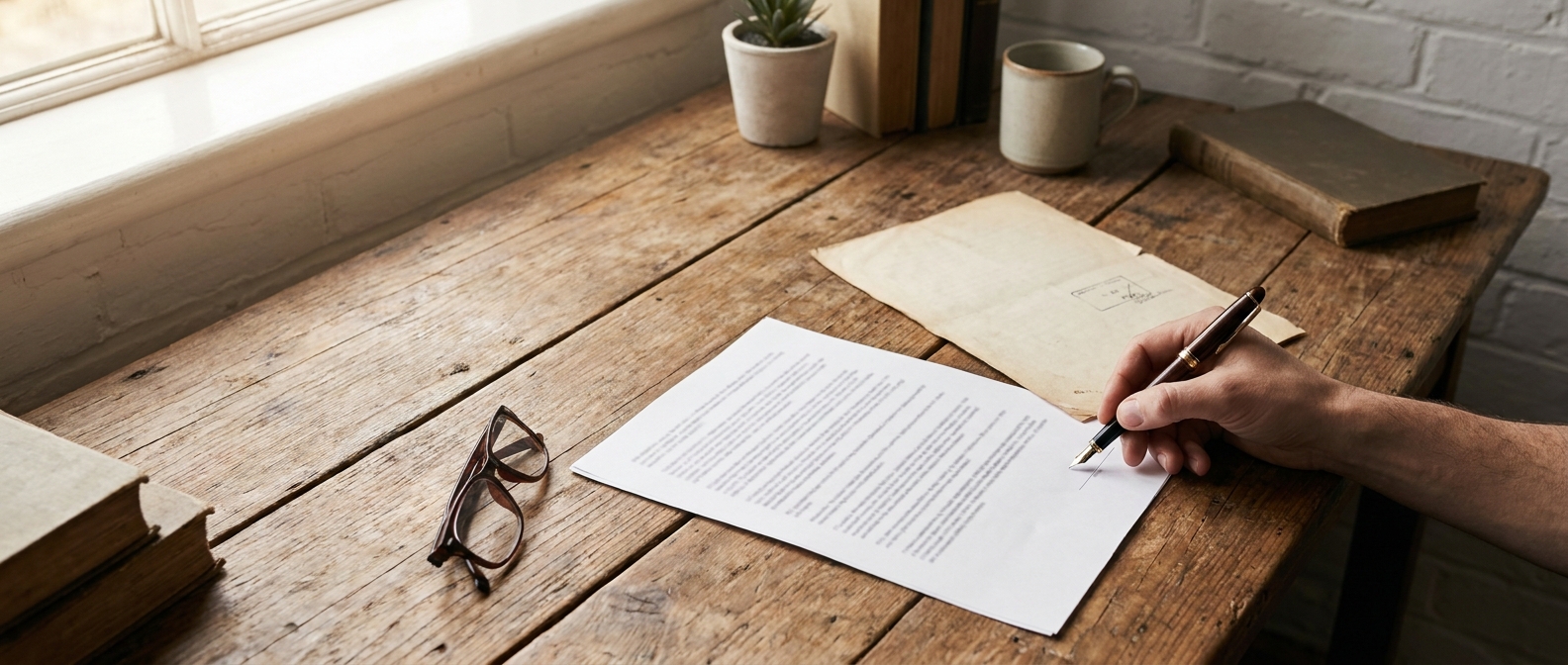 A hand signing a printed agreement with a fountain pen, a stamped page and folded reading glasses beside it.