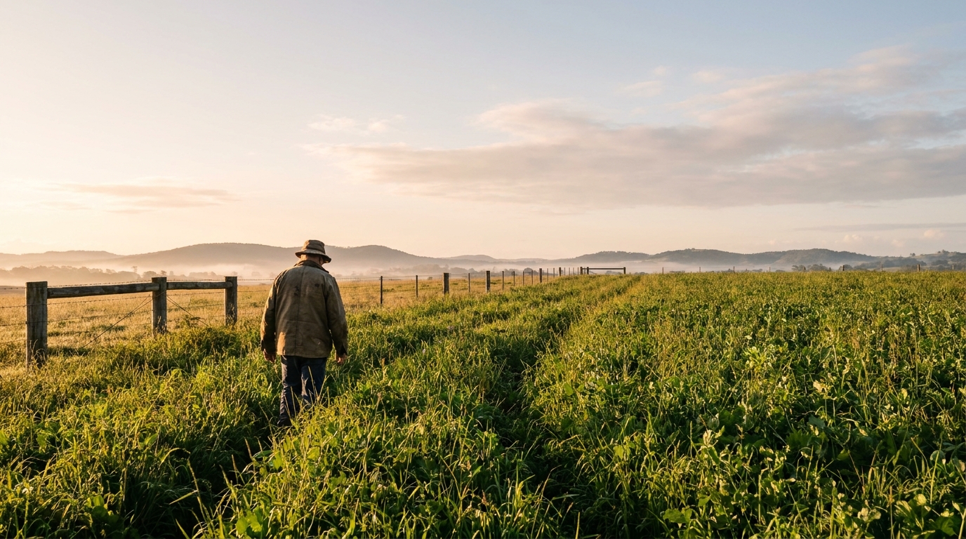A farmer seen from behind walking through a knee-high green cover crop toward a timber-and-wire fence.