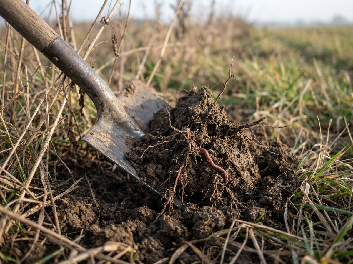 A spade turning over dark, crumbly soil full of roots, with an earthworm.