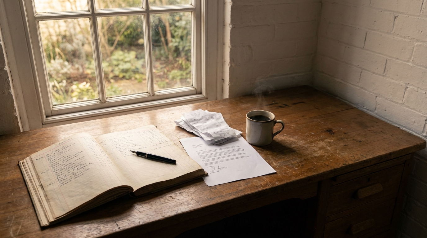 An open ledger of handwritten entries with a fountain pen across it, folded receipts, a signed page and a mug of coffee.