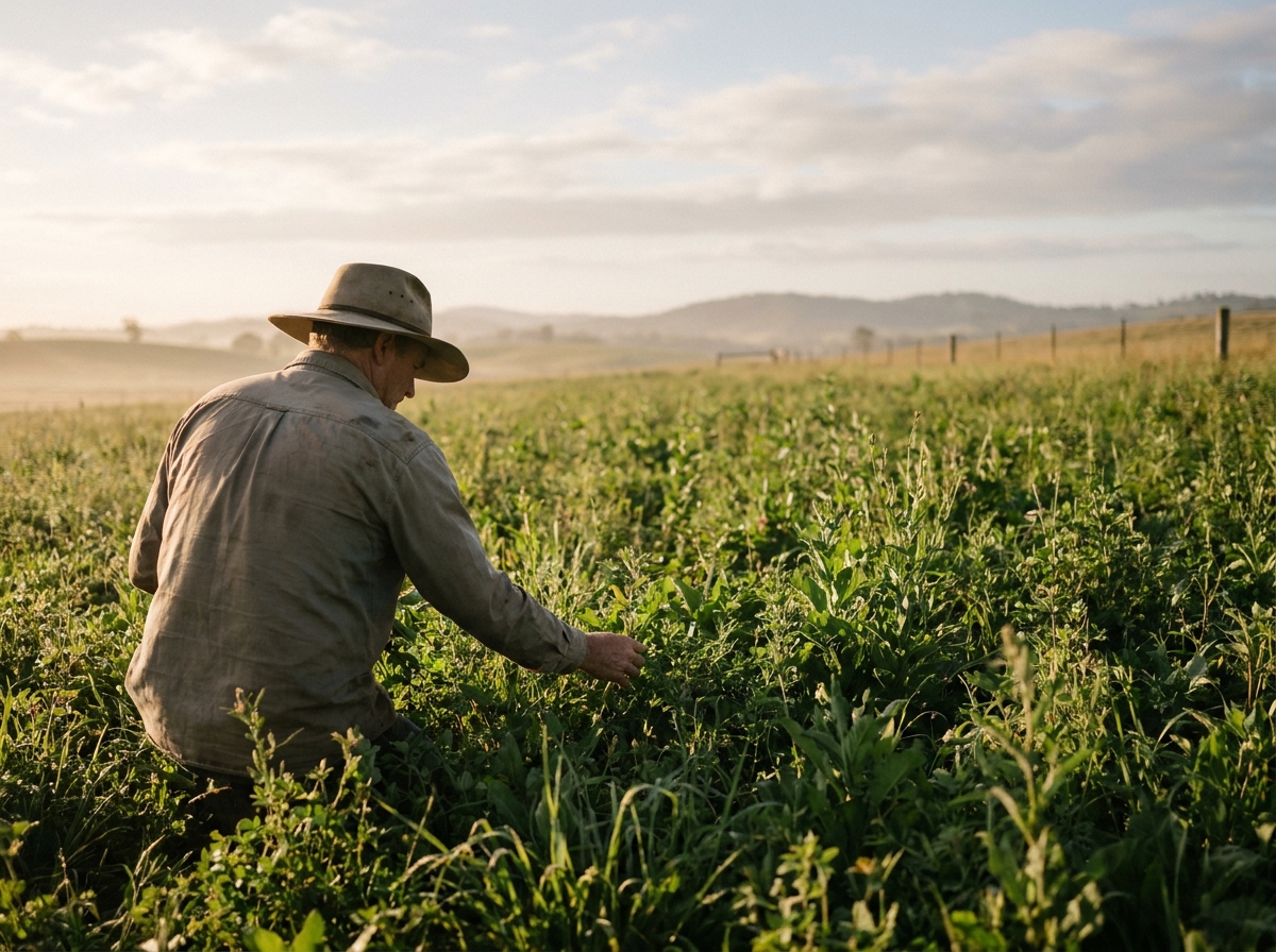 A farmer seen from behind in a wide-brimmed hat, kneeling in a green cover-crop paddock and touching the plants.