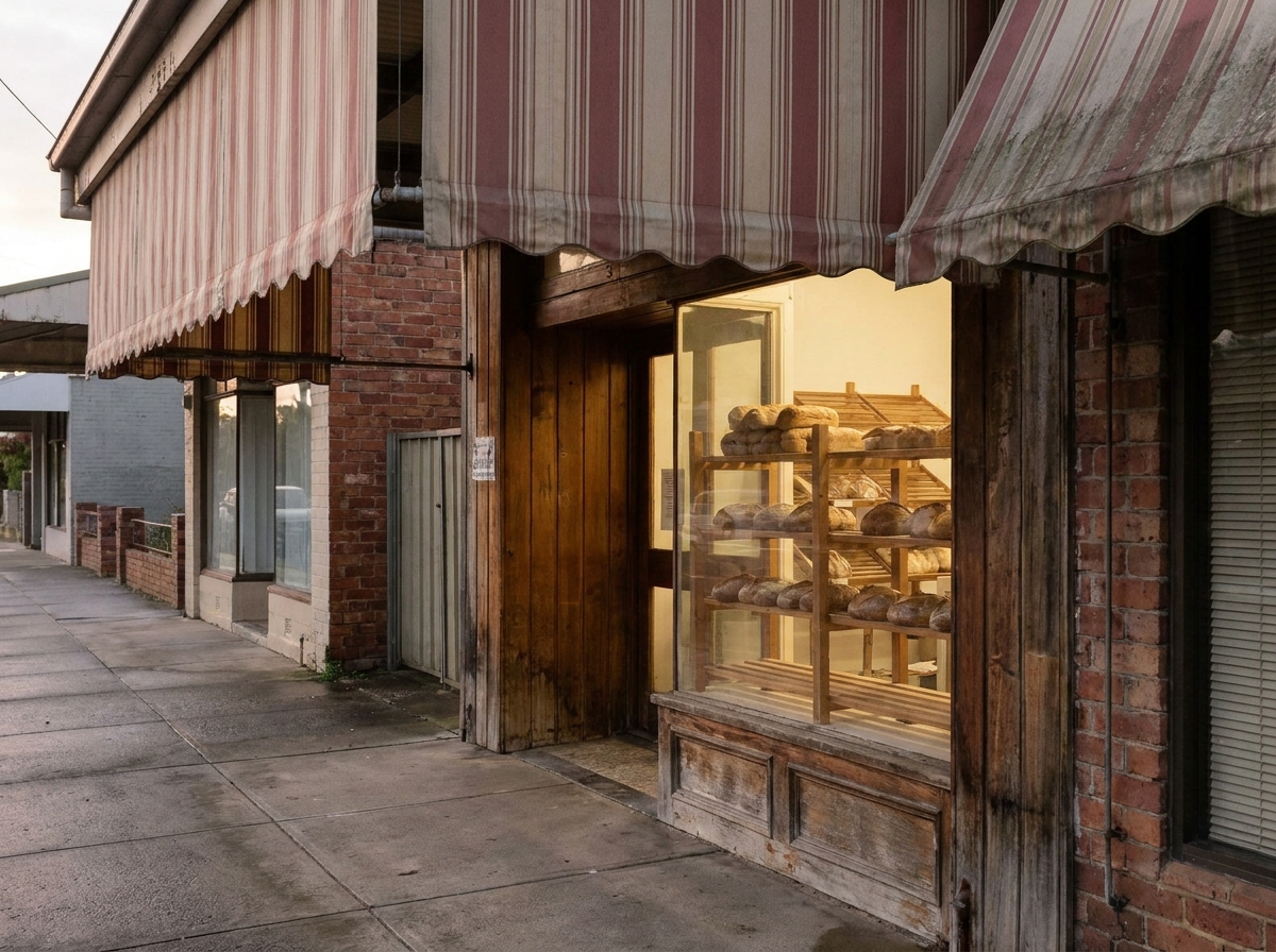 A small bakery shopfront at dawn, with a striped canvas awning and loaves on wooden shelves in the lit window.