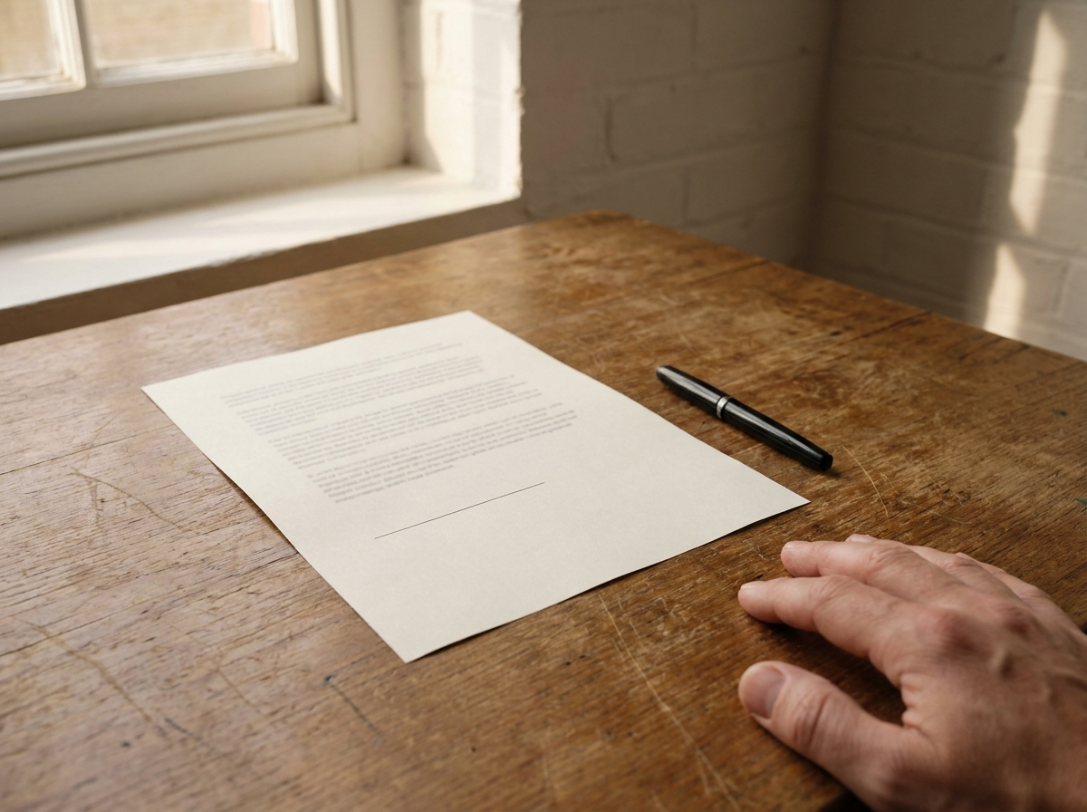 A hand setting down a pen beside a printed page left unsigned, its signature line empty.