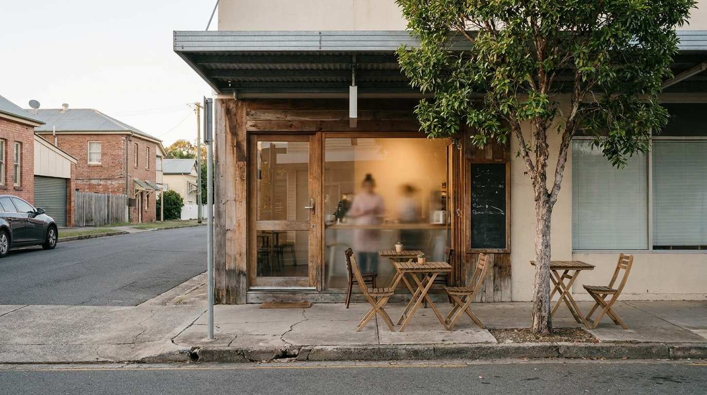 A small café shopfront in morning light, with a timber-framed window and door, a chalkboard and two outdoor tables.