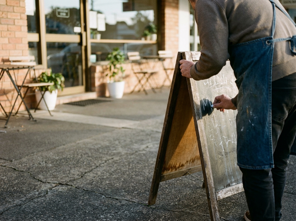 A café owner seen from behind, chalking the day’s menu onto a sandwich board on the footpath.