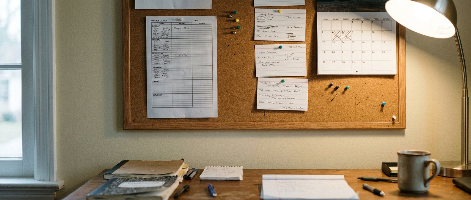 A printed weekly ledger page pinned to a cork board beside handwritten index cards and a wall calendar.